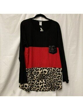 NWT‎ Hemish USA Black, Red & Lepard Long Sleeve Top w/Sequin Pocket - SZ 1XL
